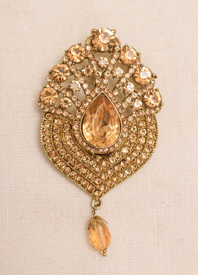 Manyavar Men Amber Yellow Stone Embedded Drop Shaped Brooch