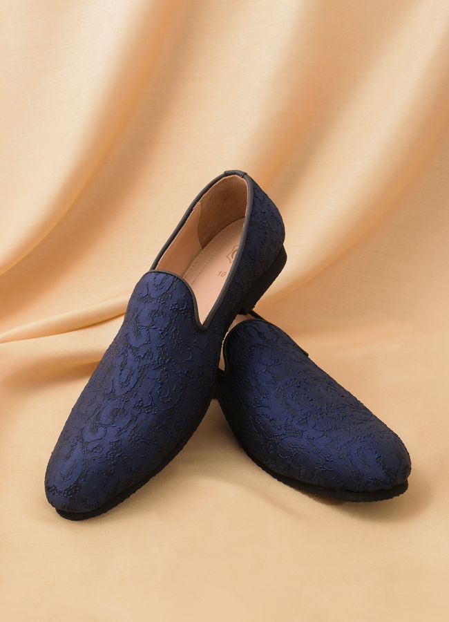 Manyavar Men Royal Blue Self Embroidered Loafer Style Jooti