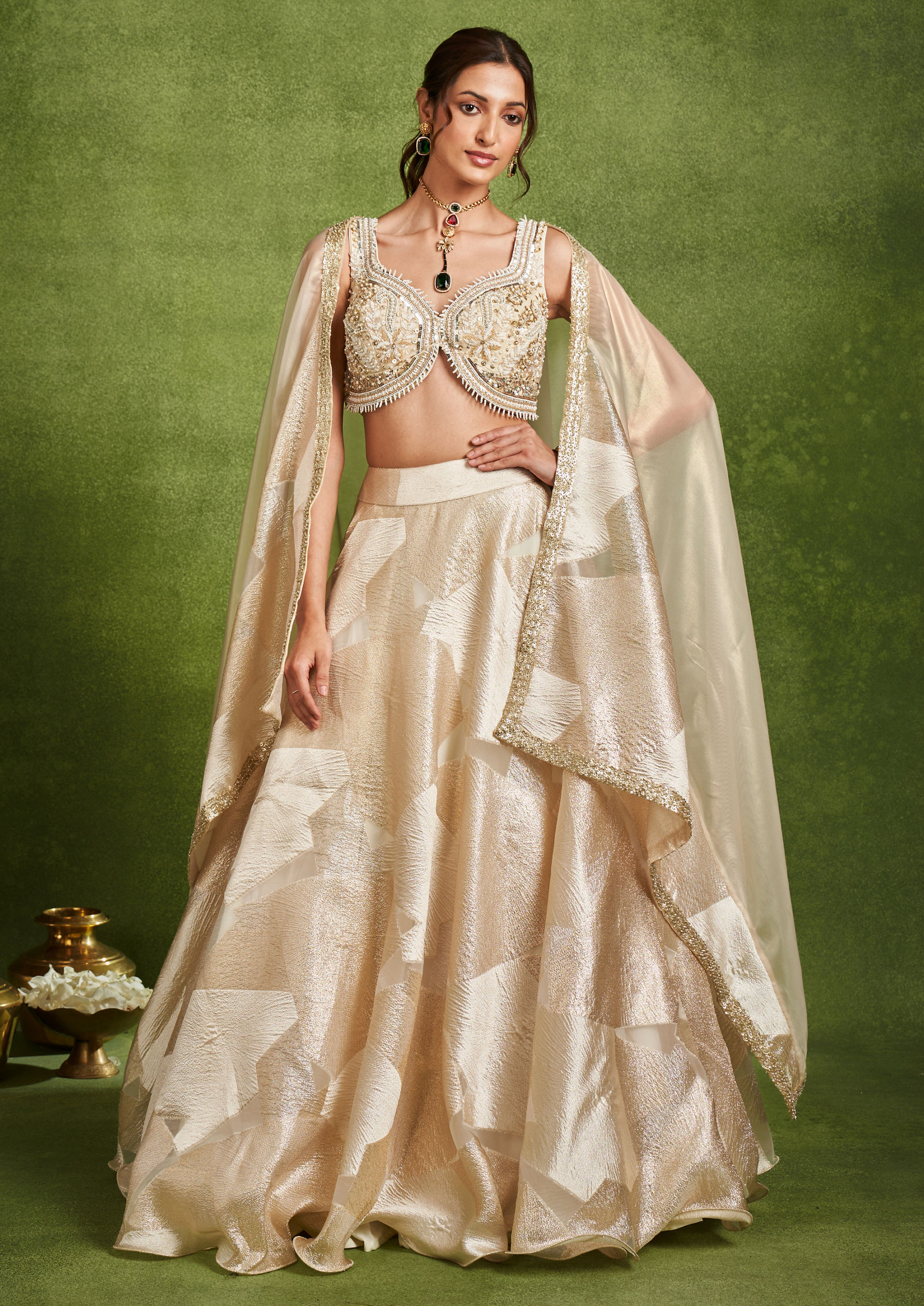 Twamev Women Ethereal Cream Organza Lehenga Set