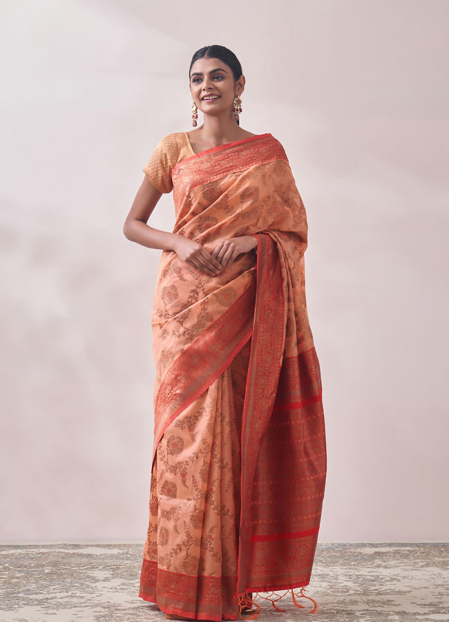 Cherry Peach Patterned Saree image number 1