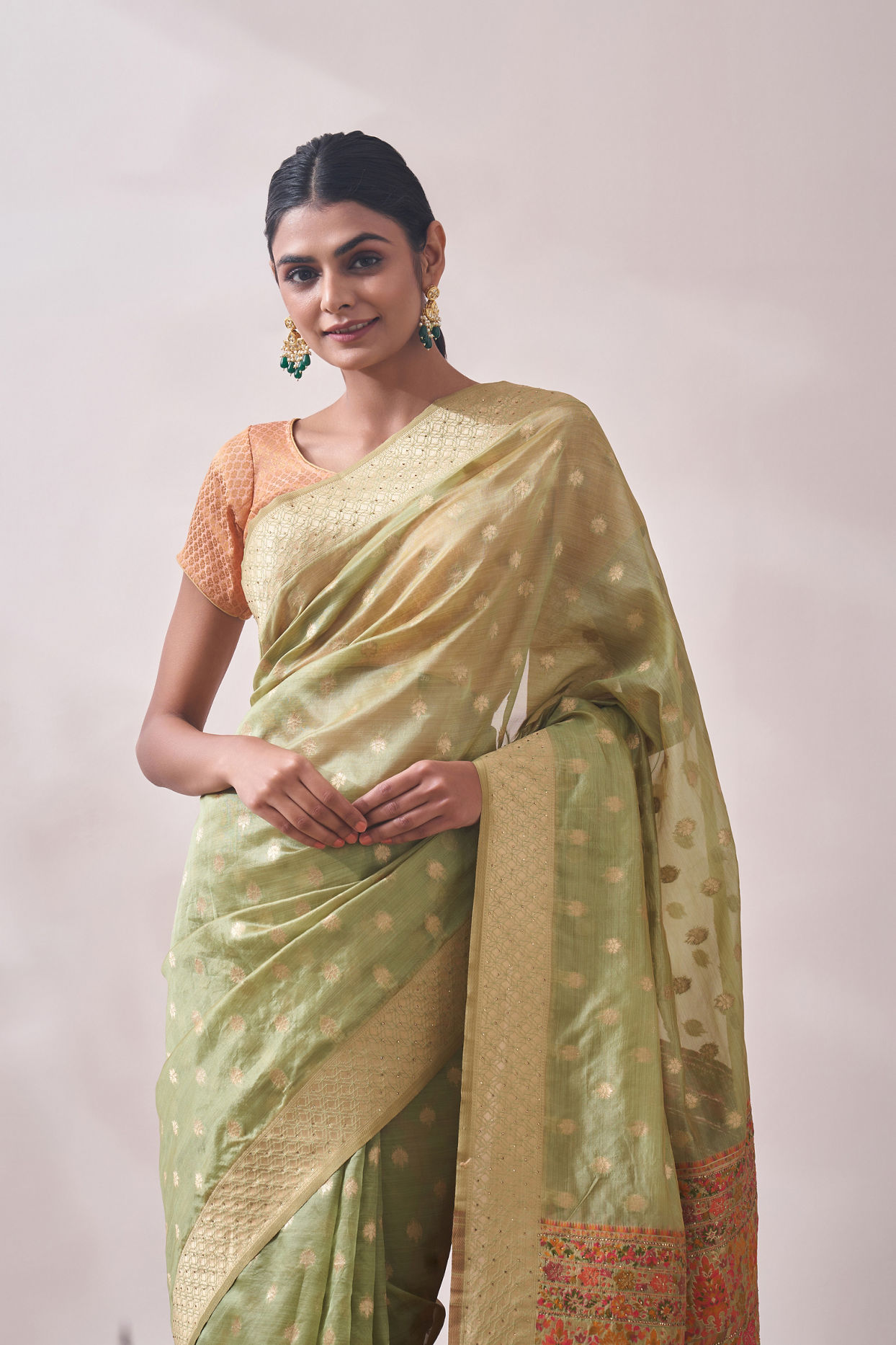 Light Green Zari Weaved Saree image number 1