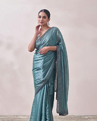 Mohey Women Teal Blue Stone Embellished Saree