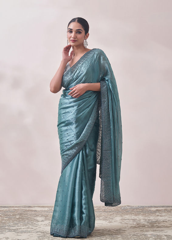 Mohey Women Teal Blue Stone Embellished Saree