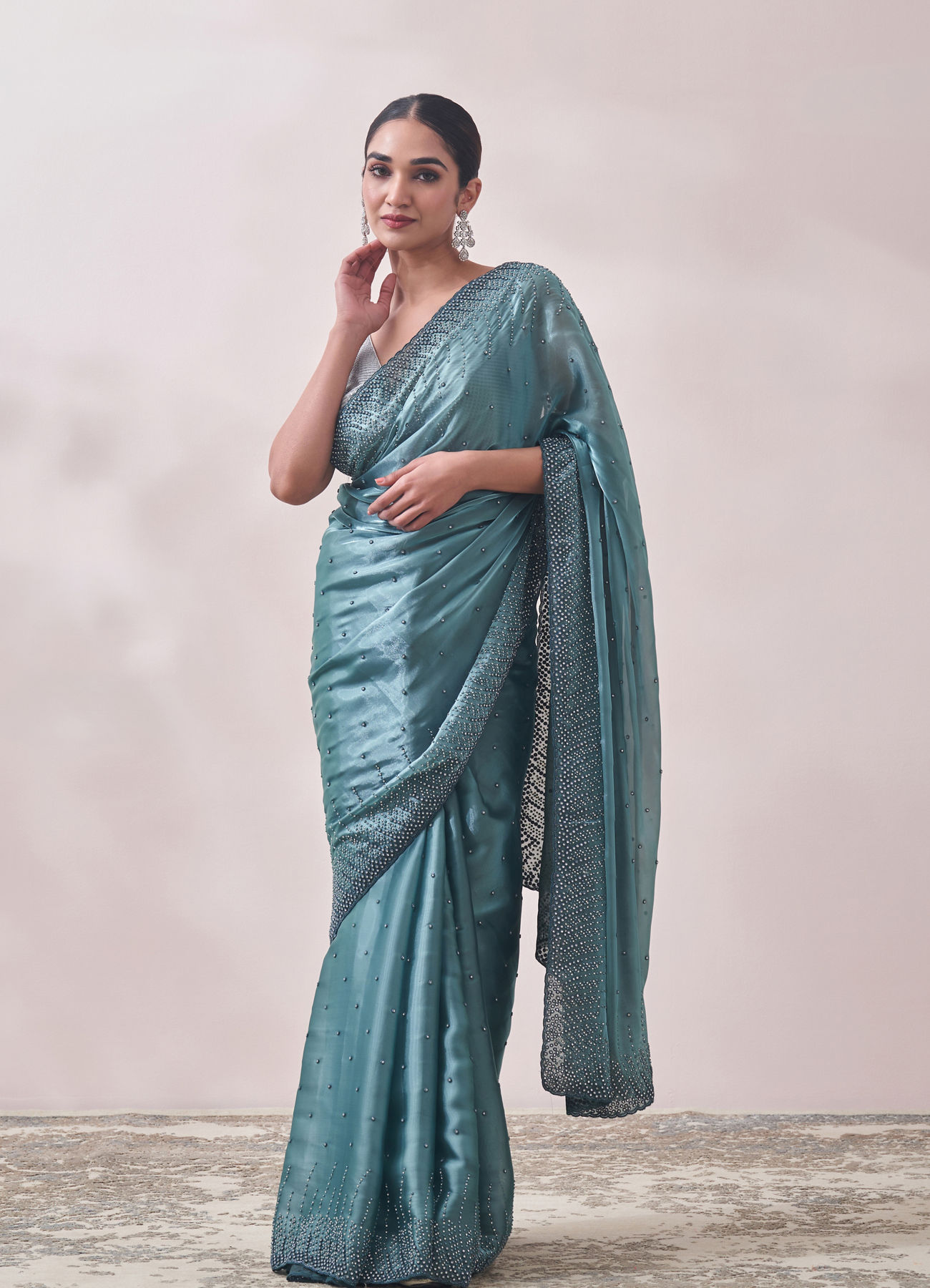 Mohey Women Teal Blue Stone Embellished Saree