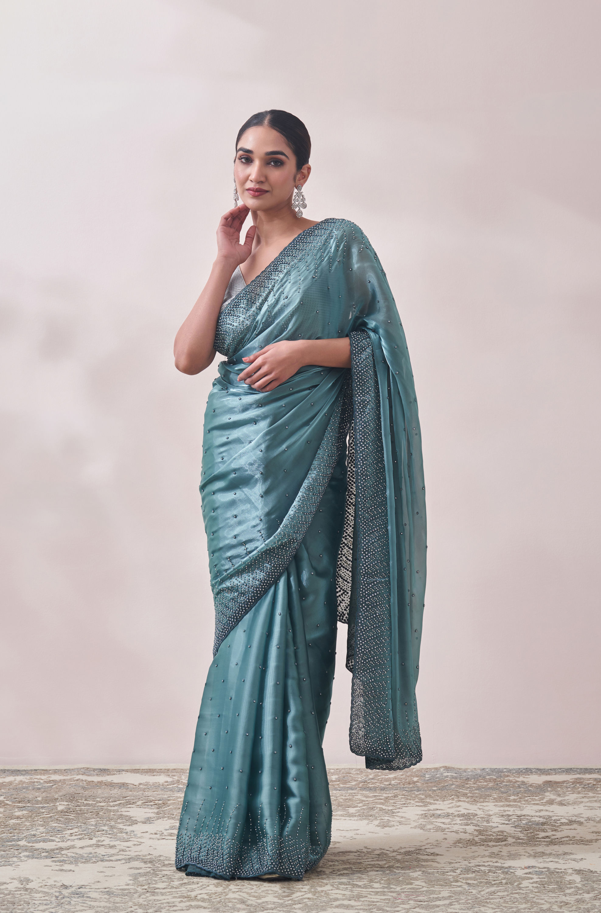 Mohey Women Teal Blue Stone Embellished Saree