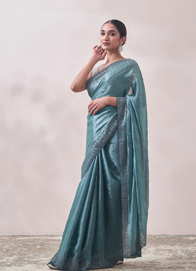 Teal Blue Stone Embellished Saree image number 3