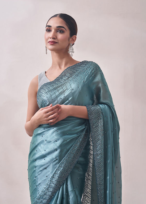 Mohey Women Teal Blue Stone Embellished Saree