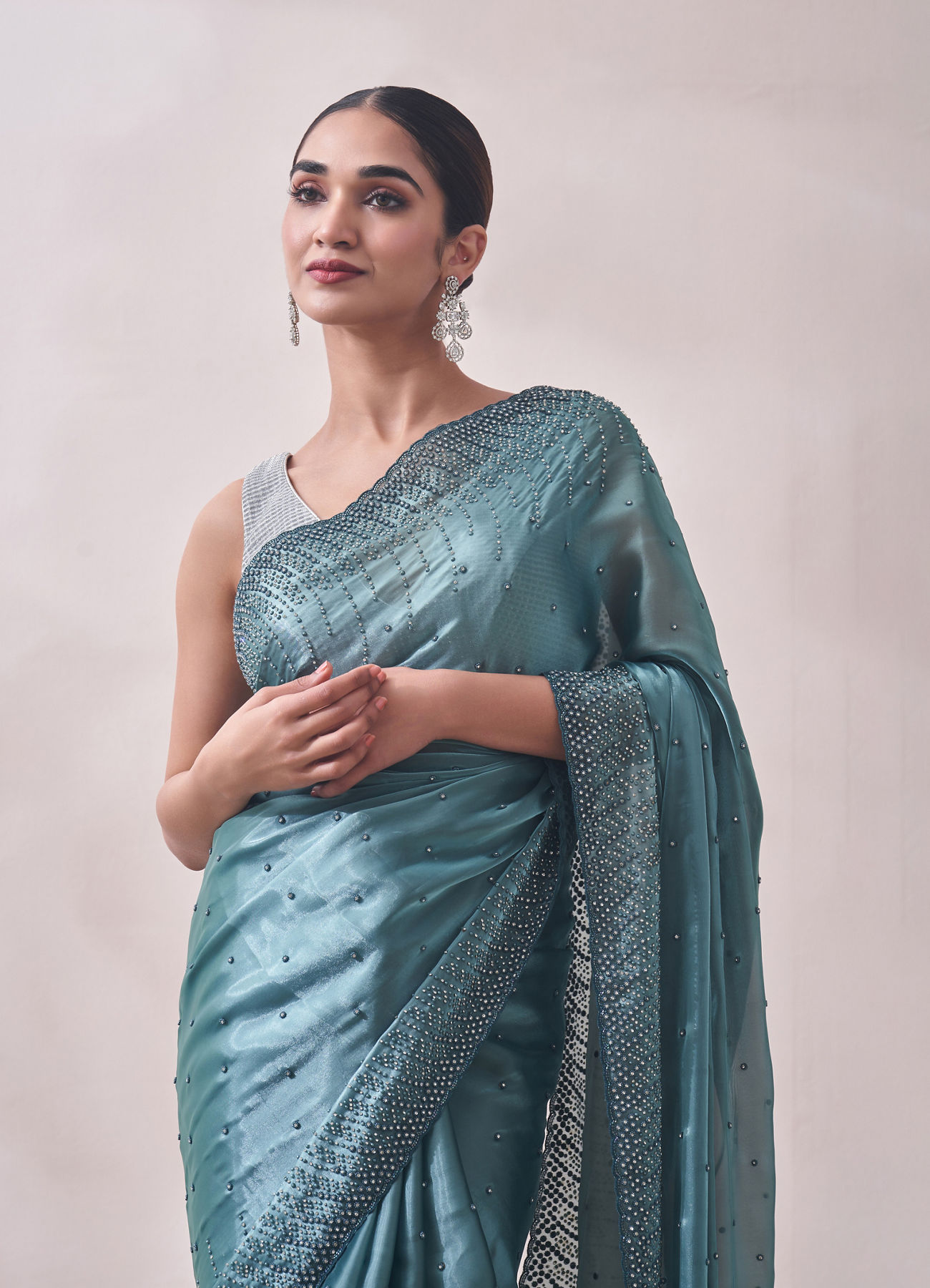 Mohey Women Teal Blue Stone Embellished Saree