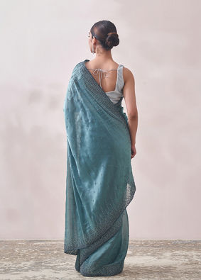 Teal Blue Stone Embellished Saree image number 2