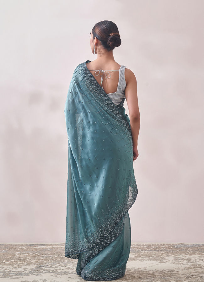 Mohey Women Teal Blue Stone Embellished Saree