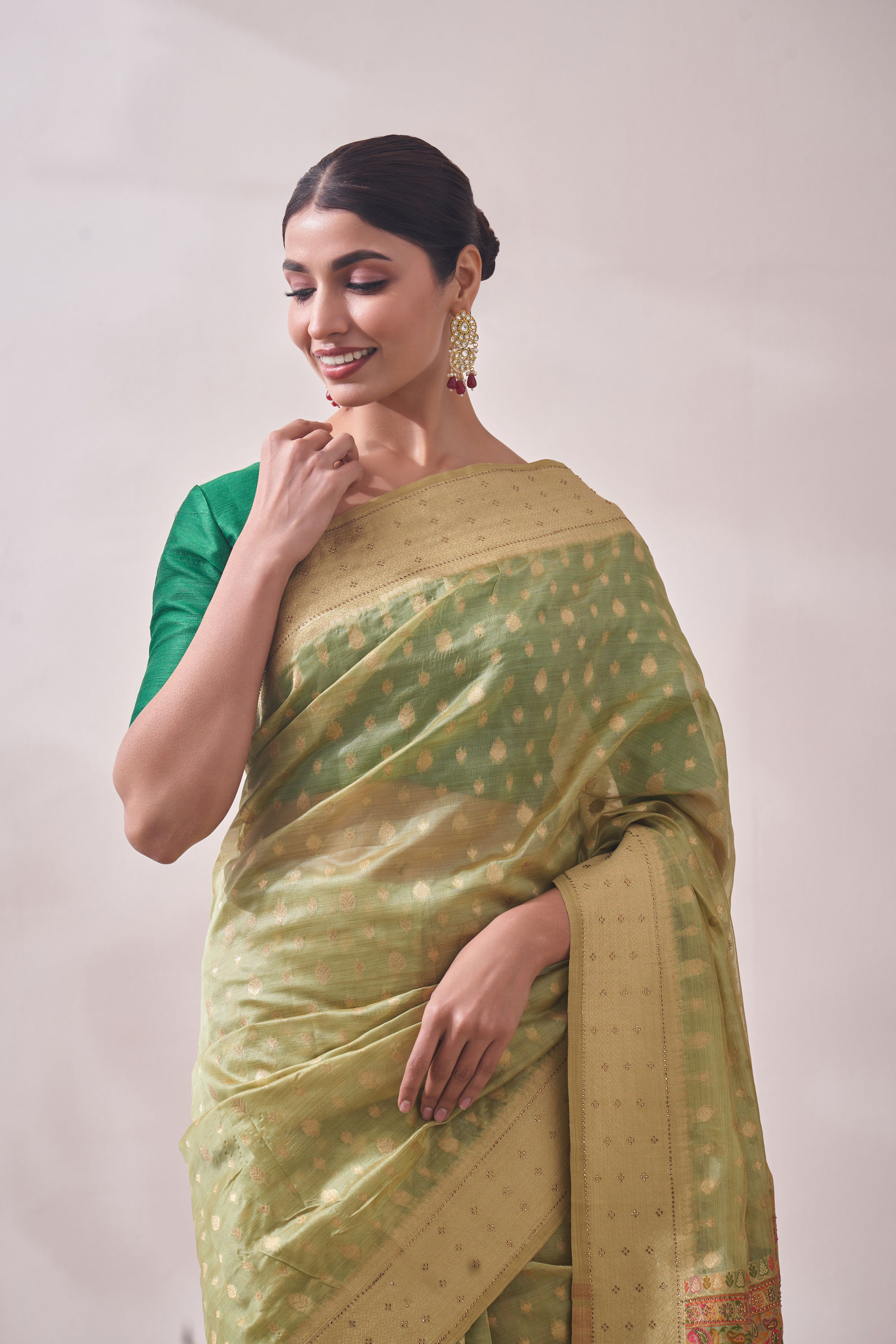 Mohey Women Classy Pista Patterned Saree