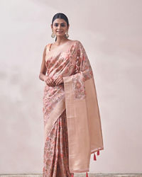 Mohey Women Coral Pink Floral Print Saree