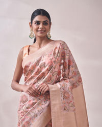 Mohey Women Coral Pink Floral Print Saree