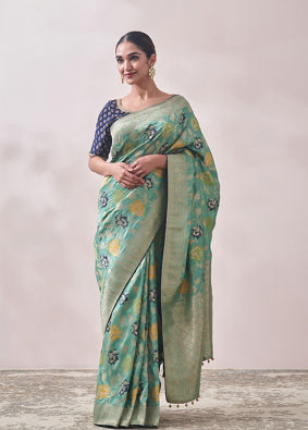 Sea Green Floral Print Saree image number 0