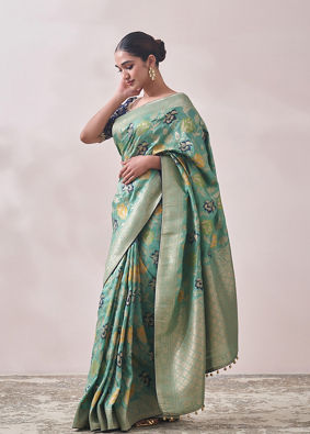 Sea Green Floral Print Saree image number 3