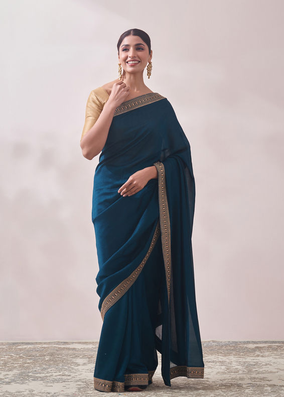 Mohey Women Teal Blue Stone Border Saree