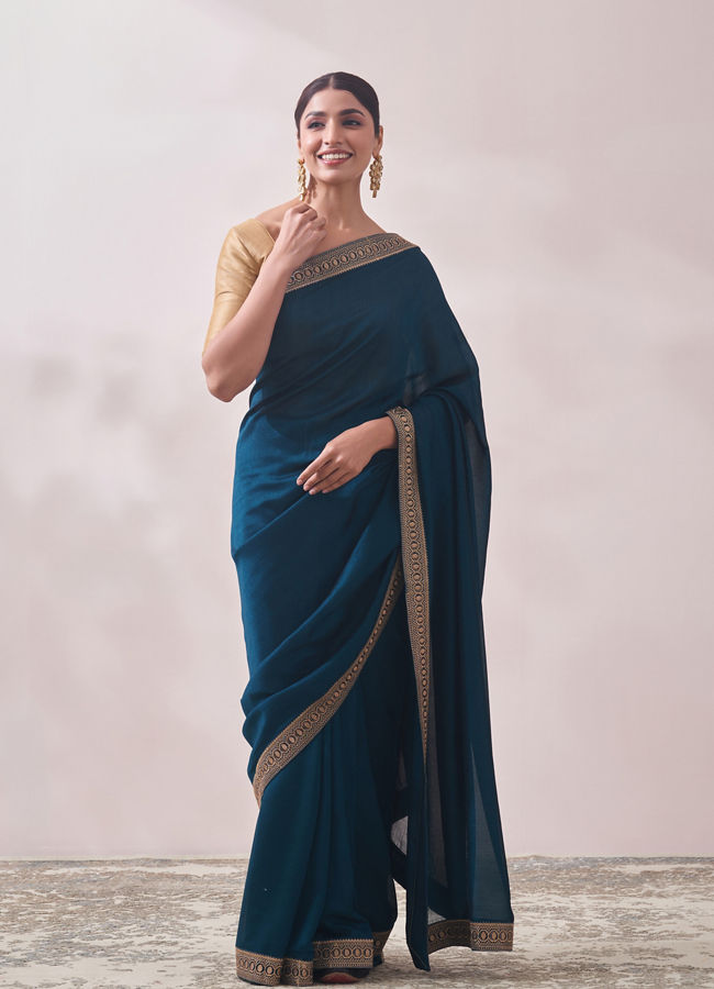 Mohey Women Teal Blue Stone Border Saree