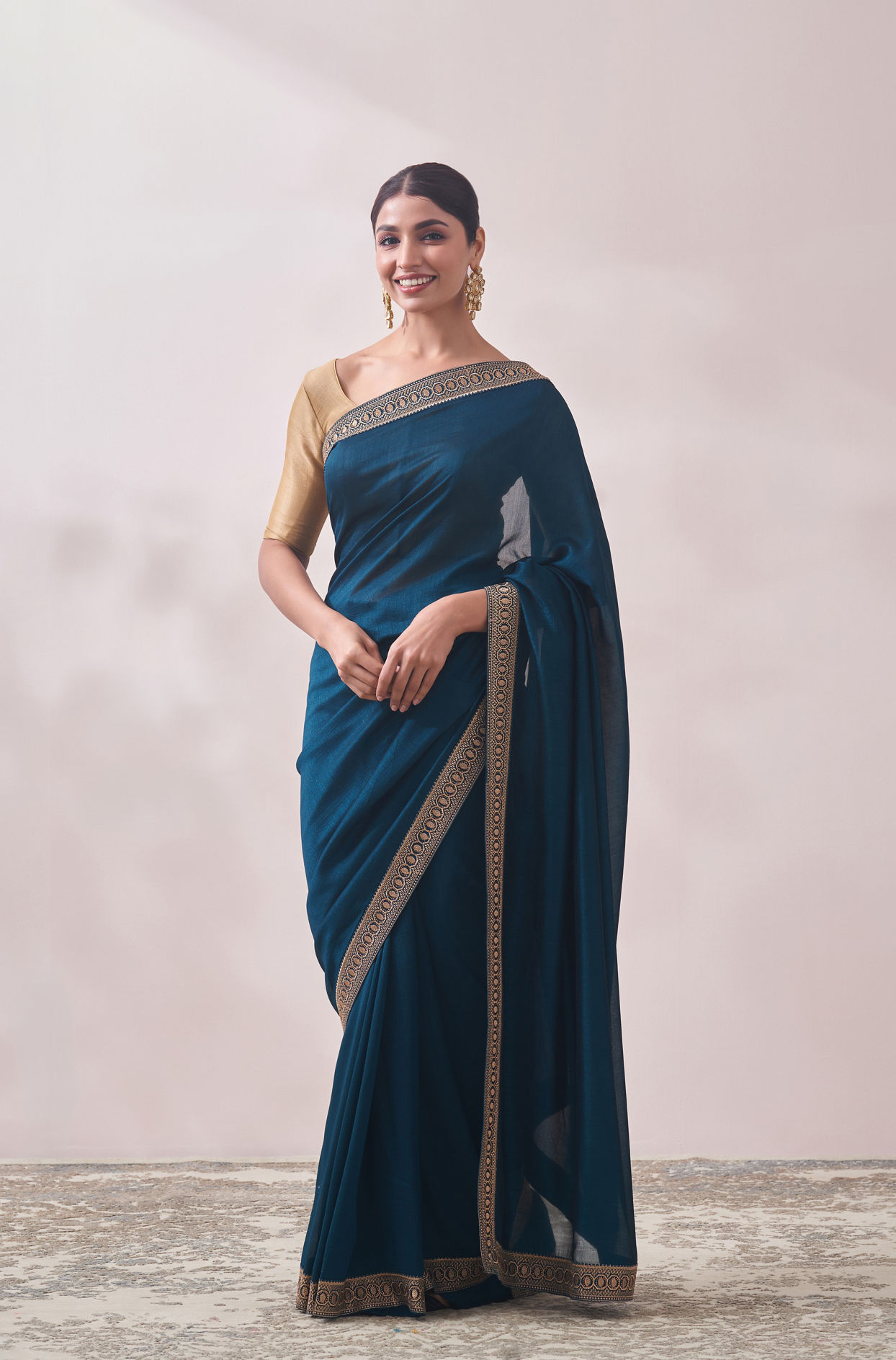 Mohey Women Teal Blue Stone Border Saree