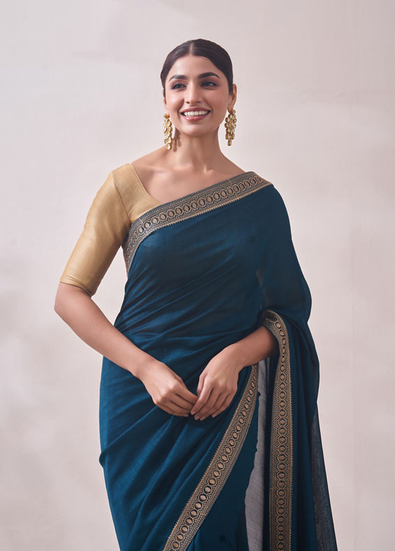 Mohey Women Teal Blue Stone Border Saree