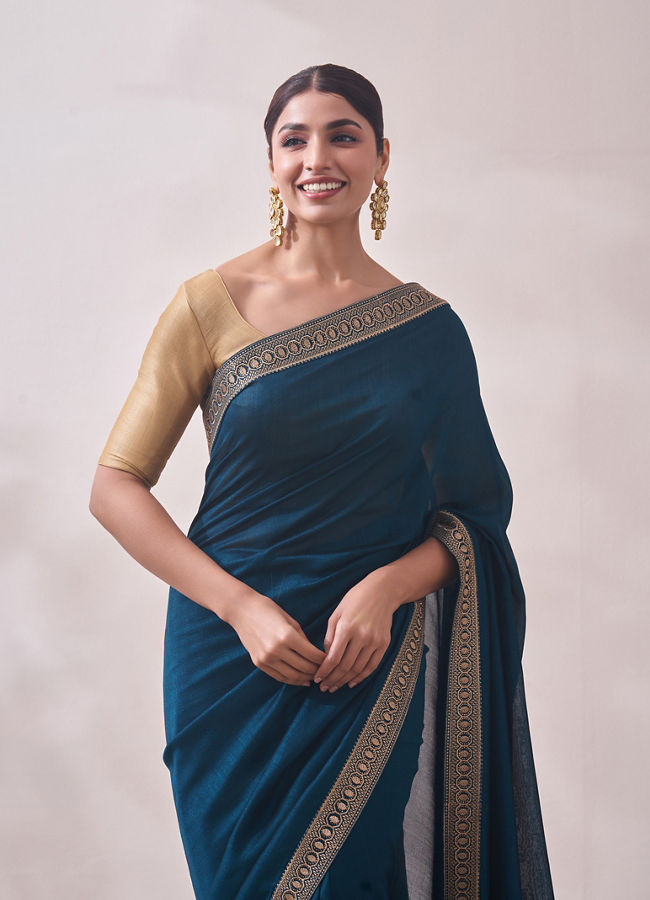 Teal Blue Stone Border Saree image number 1