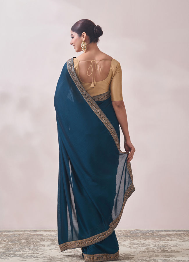 Teal Blue Stone Border Saree image number 2