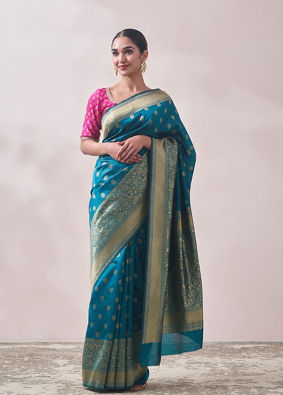 Turquoise Zari Weaved Saree image number 0