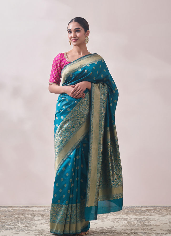 Mohey Women Turquoise Zari Weaved Saree image number 0