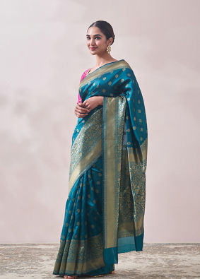 Turquoise Zari Weaved Saree image number 3