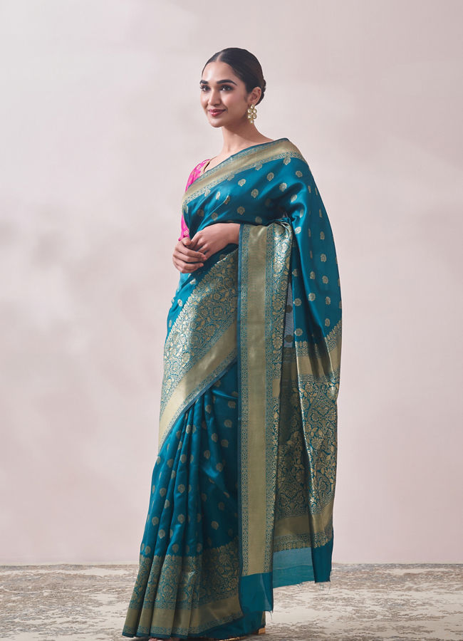 Mohey Women Turquoise Zari Weaved Saree image number 3