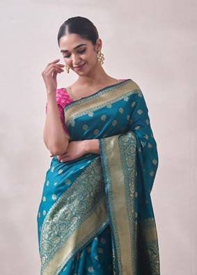Turquoise Zari Weaved Saree image number 1