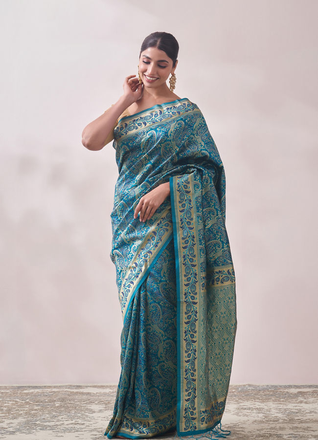 Buy Teal Blue Patterned Saree Online in the USA Mohey Saree for Women