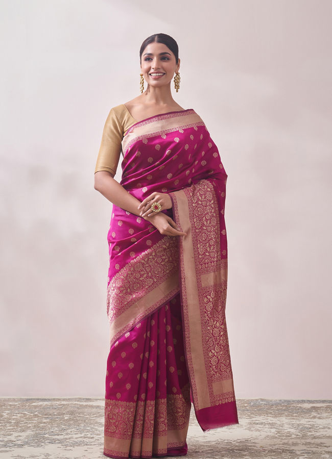 Mohey Women Rani Pink Zaree Weaved Saree image number 0