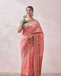 Mohey Women Light Pink Zari Weaved Saree