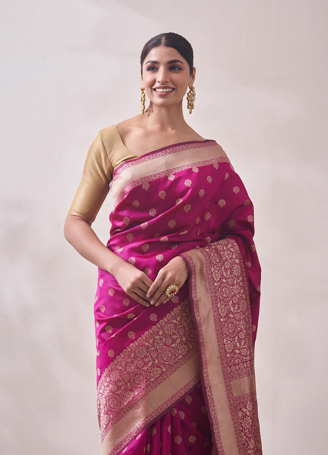 Buy Rani Pink Zaree Weaved Saree Online in the USA @Mohey - Saree