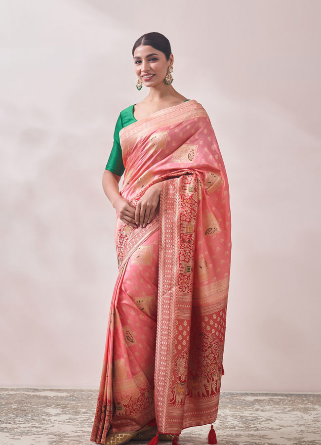 Mohey Women Light Pink Zari Weaved Saree