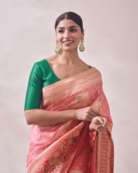 Mohey Women Light Pink Zari Weaved Saree