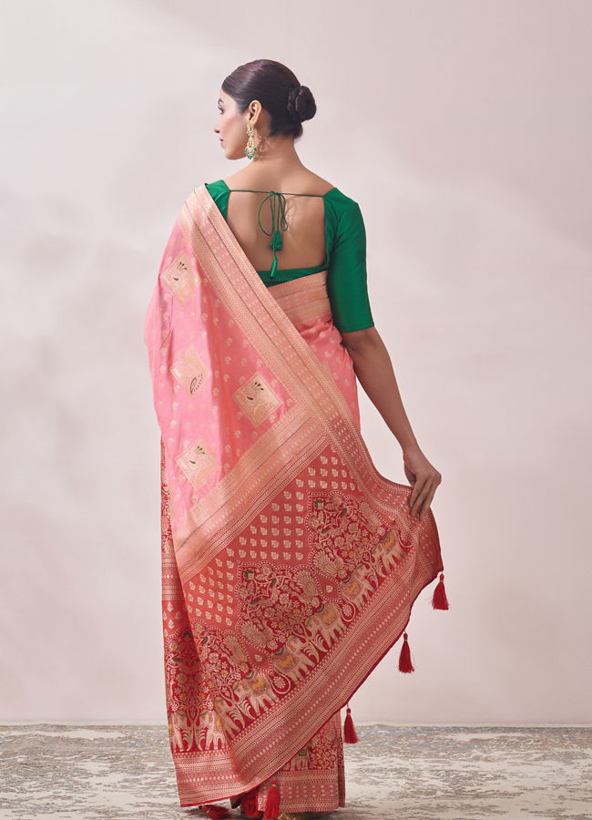 Mohey Women Light Pink Zari Weaved Saree