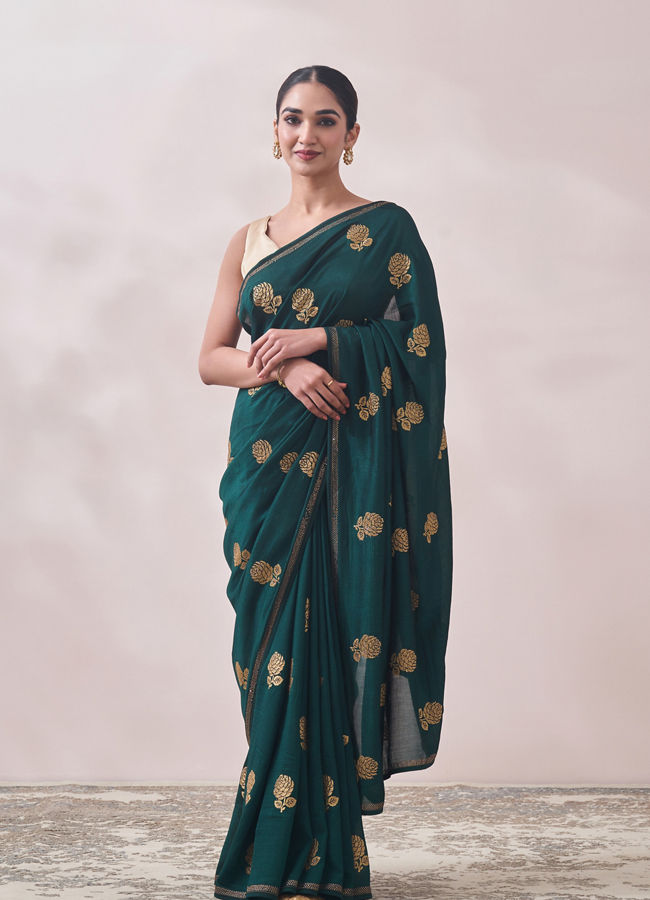 Mohey Women Bottle Green Patterned Saree image number 0