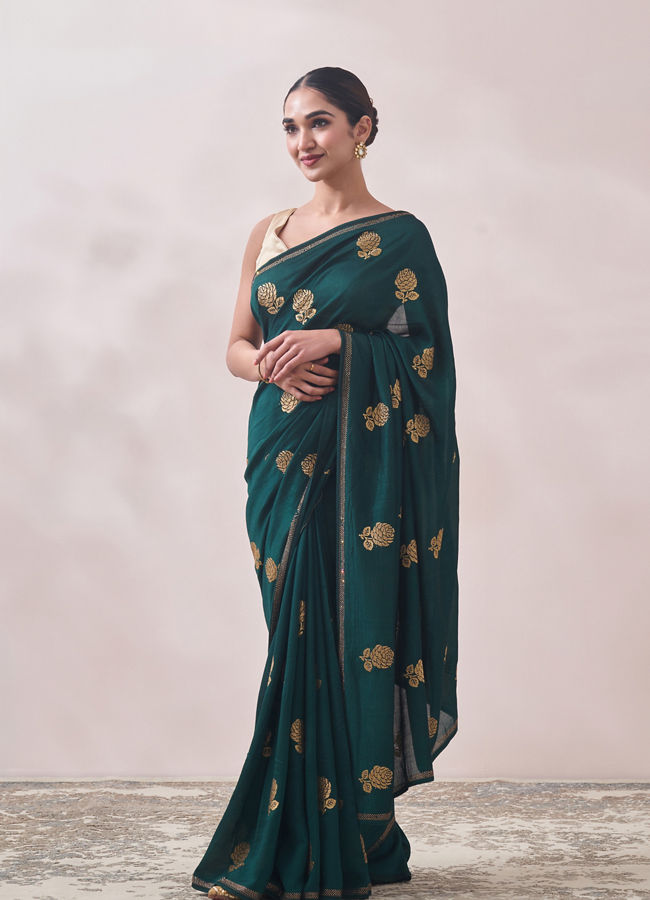 Mohey Women Bottle Green Patterned Saree image number 3