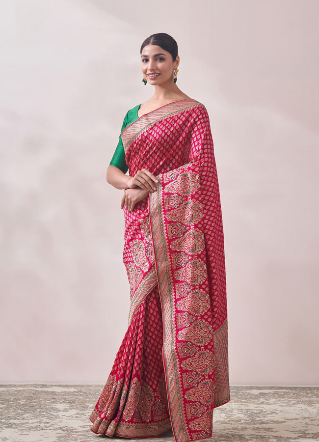 Mohey Women Rani Pink Zari Work Bridal Saree