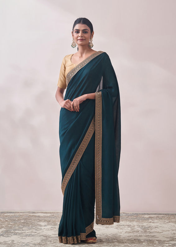 Mohey Women Teal Green Stone Border Saree