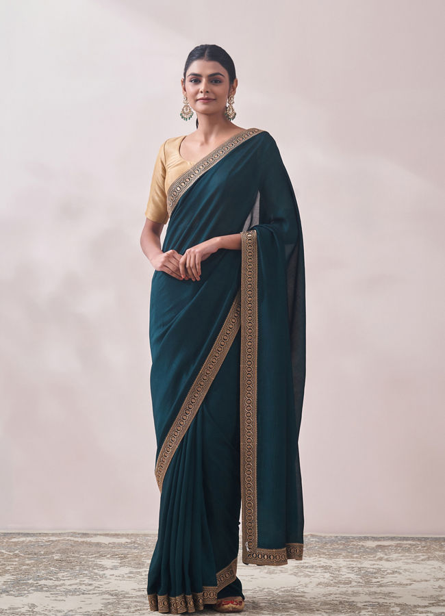 Mohey Women Teal Green Stone Border Saree