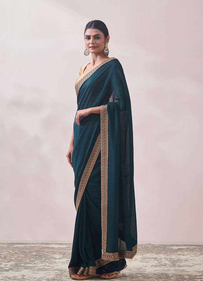 Teal Green Stone Border Saree image number 3