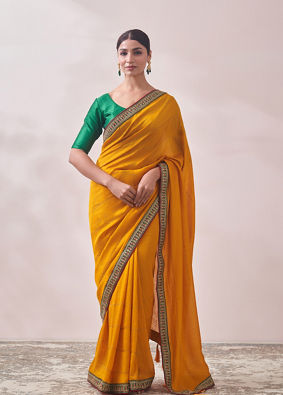Mustard Yellow Saree with Contrast Border image number 0