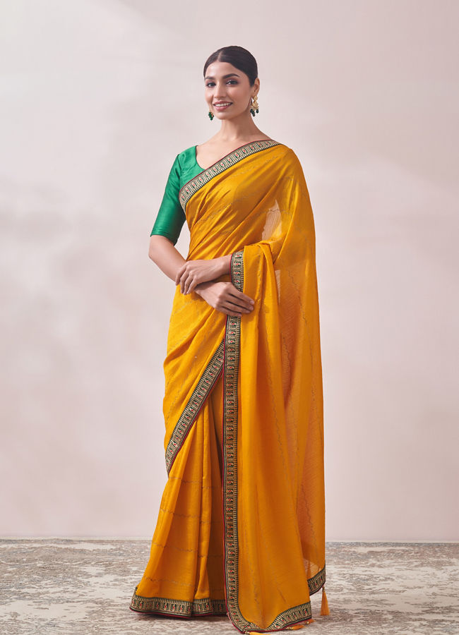 Mustard Yellow Saree with Contrast Border image number 3