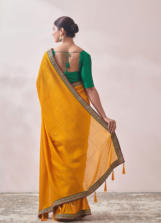 Mustard Yellow Saree with Contrast Border image number 2