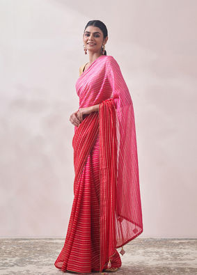Pink Golden Striped Saree image number 3
