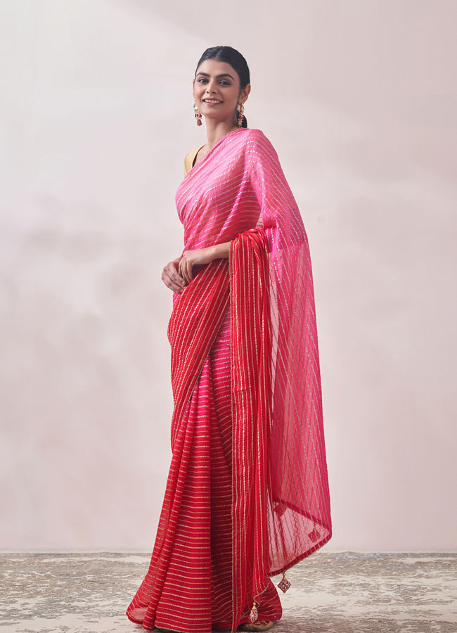 Pink Golden Striped Saree image number 3
