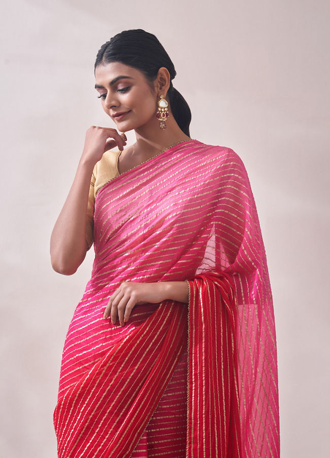 Pink Golden Striped Saree image number 1