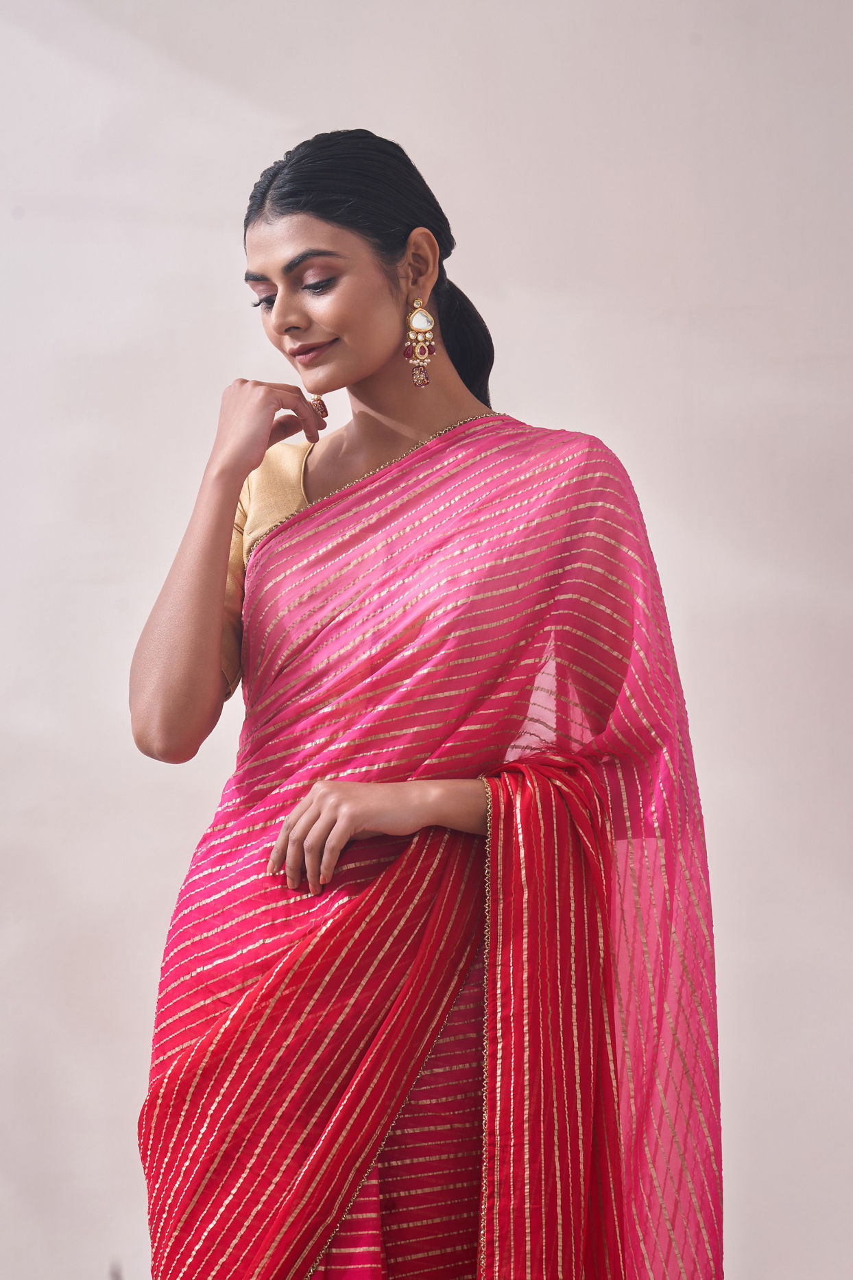 Pink Golden Striped Saree image number 1